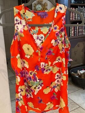 Hale Bob Red Sleeveless Blouse Size Small Floral Top Tank Polyester